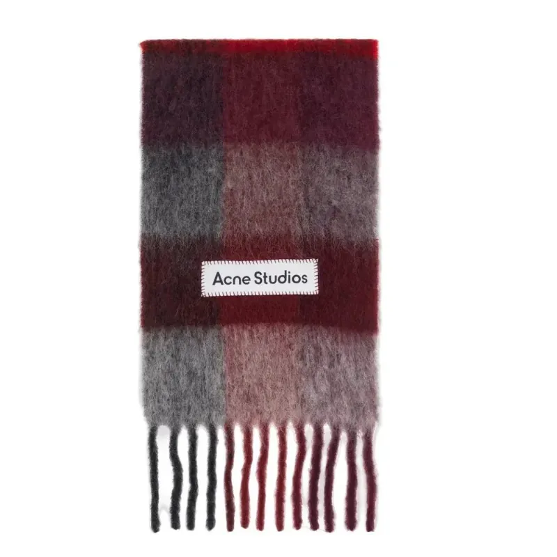 AfewVibe ACNE STUDIOS Red & Gray Check Fringe Scarf with fringed ends