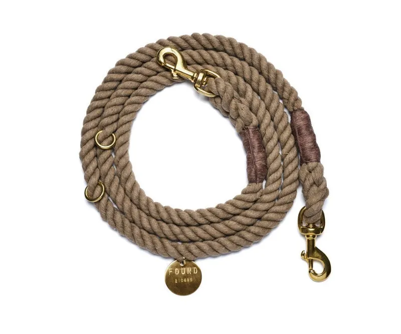 Found My Animal Dark Tan Rope Dog Leash with adjustable design and brass hardware