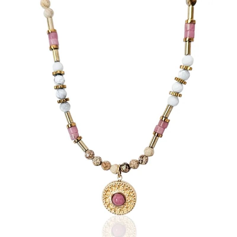 DORSYA Rhodes Jasper and Rhodochrosite Necklace with natural gemstone beads and gold pendant