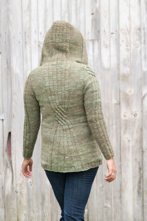 Kristen TenDyke Nadi Coat knitting pattern showing hooded cardigan with cable details