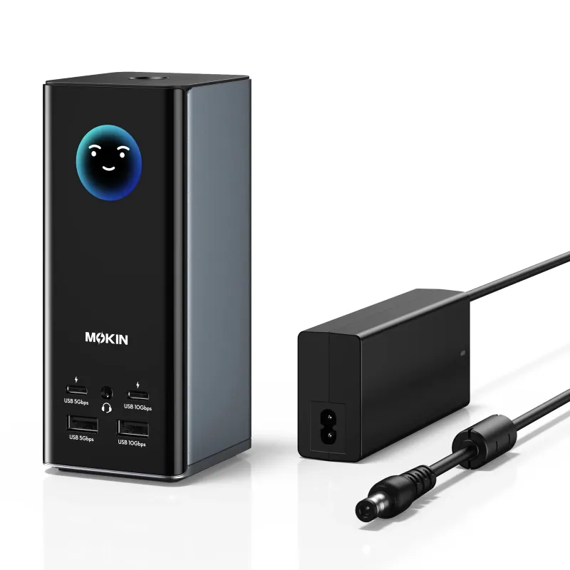 MOKiN 18-in-1 USB-C Docking Station with Triple Display Support & Smart LCD showing port array and LCD screen