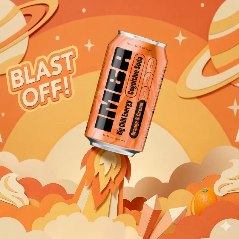 IMBA Orange & Cream smart soda can showing orange and vanilla cream flavor