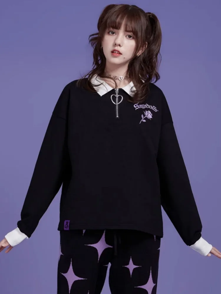 Juwas Black Sweet and Cool Rose Embroidered Loose Long Sleeve Top showcasing the black shirt with embroidered roses and long sleeves.