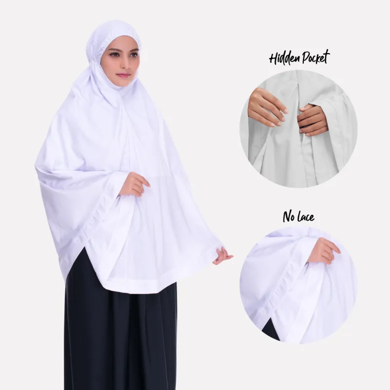 ZAAHARA Mini Hidaya Telekung Mini No Lace white women's prayer dress with pocket