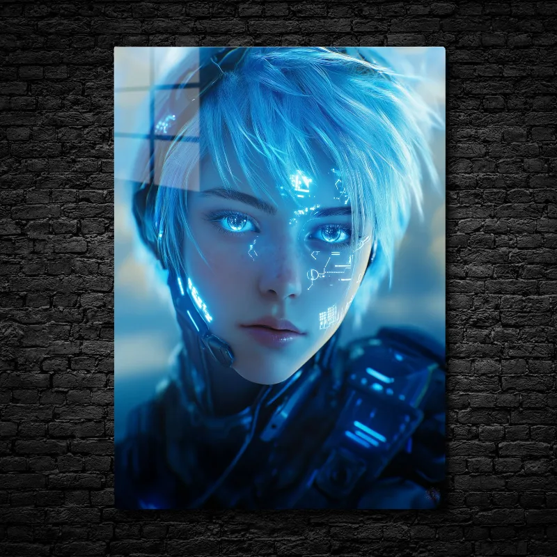 CruArt Neon Sentinel metal print showing futuristic figure with glowing eyes and digital patterns