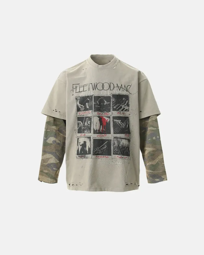 INFLATION Camo Sleeve Layered Graphic T-Shirt with vintage print and distressed details