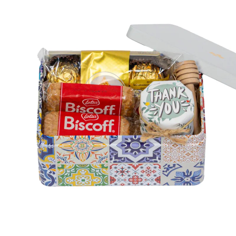 HoneySpree Blooming Thanks Sweet Treat Tin with honey jar and treats displayed