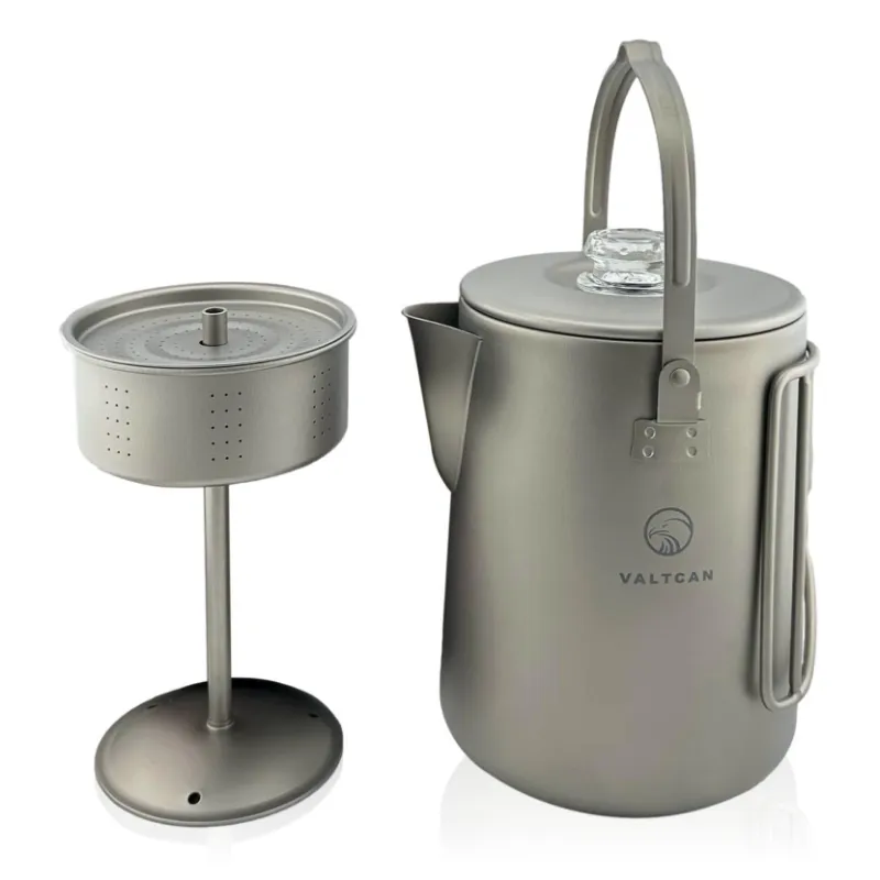 Valtcan Titanium Coffee Percolator, bare metal pot with glass knob viewed from above