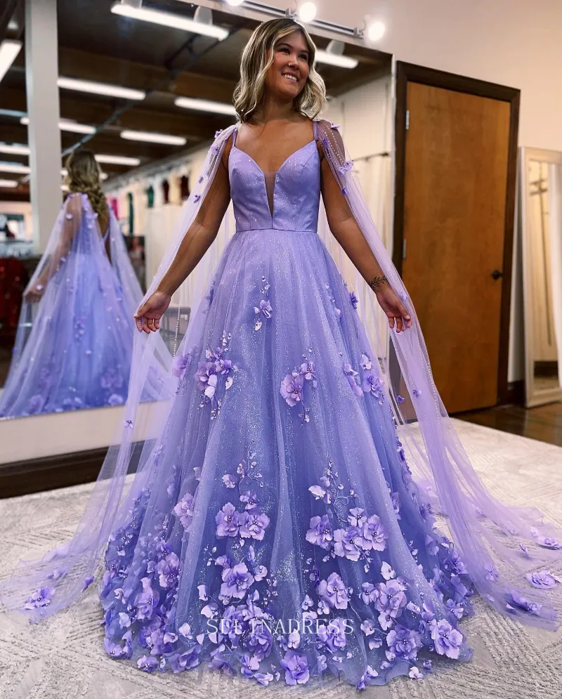 Selinadress 3D Floral Beaded Long Prom Dress Shawl Formal Dresses Lavender Evening Dress KPY058 with straps and beaded details