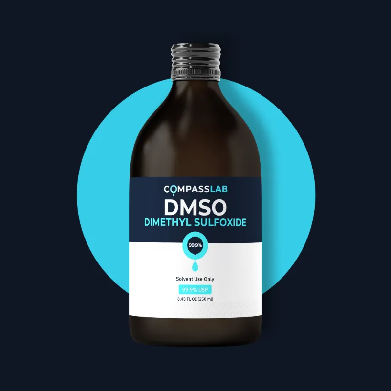 Compass Laboratory 99.9%+ Pure DMSO (Dimethyl Sulfoxide) bottle on a clean surface