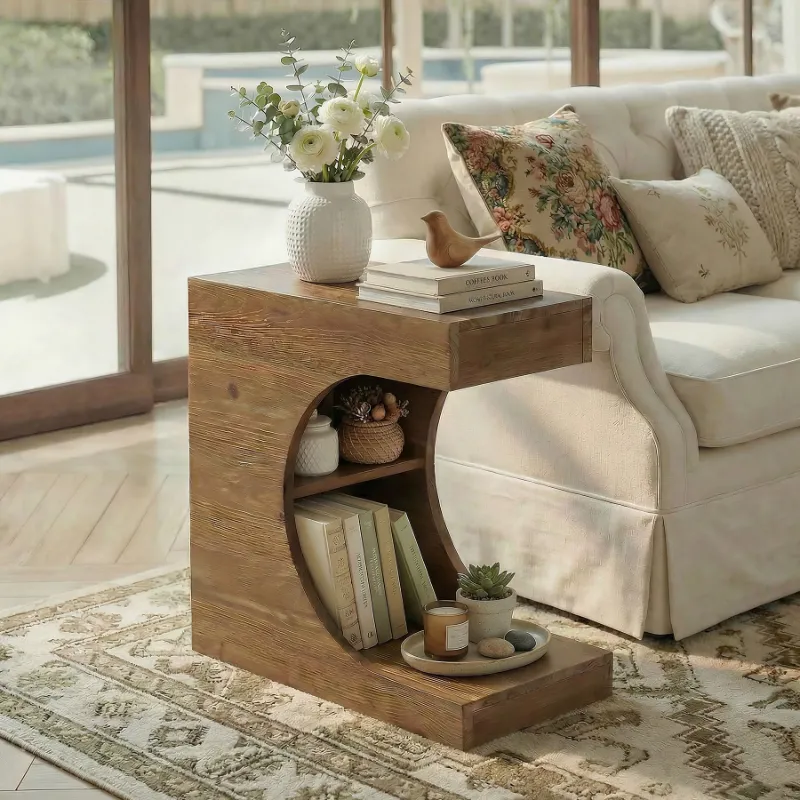 Tribesigns 23.6 inch C-shaped end table in natural wood finish with curved lower storage shelf