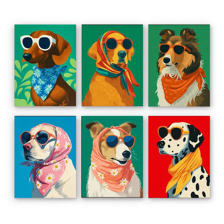 Maikoo Art 6 Mini PBN Sunglass Squad Doggy Portraits set showing six small dog portrait paintings with sunglasses