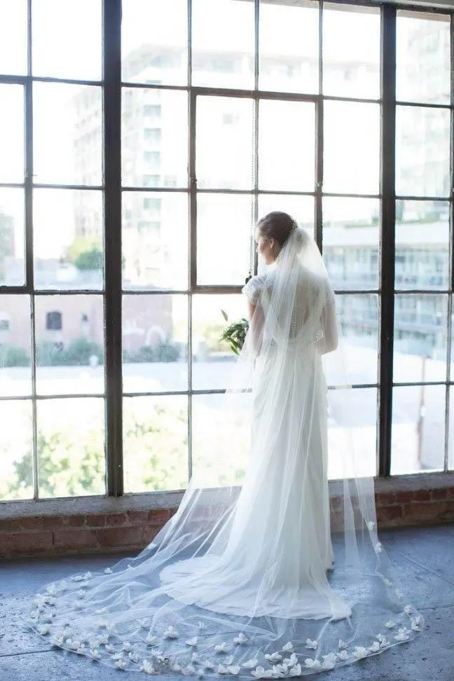 Selinadress 3D Flowers Towards Bottom With Applique Wedding Veils V08 showing cathedral length veil with floral lace applique