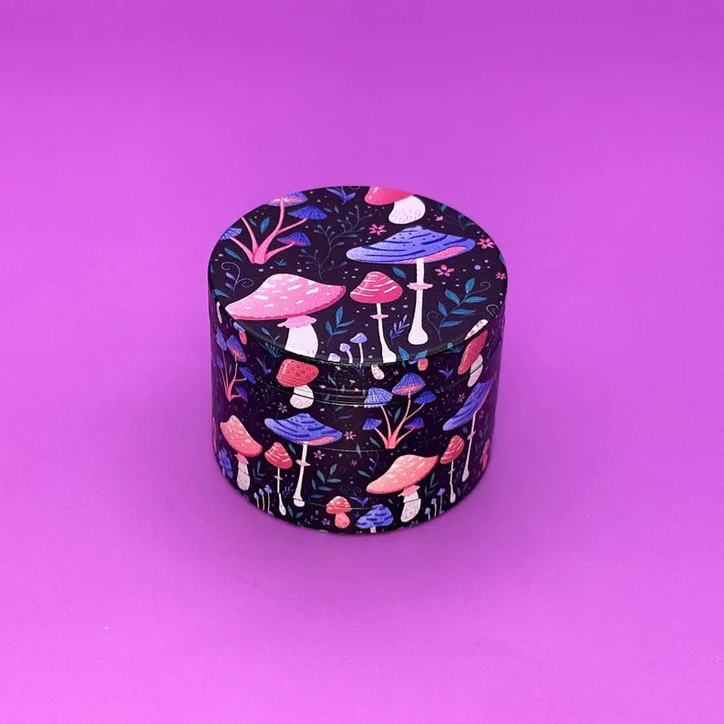 High Dreams Grinder Mushrooms featuring mushroom print design on a four-piece aluminum herb grinder