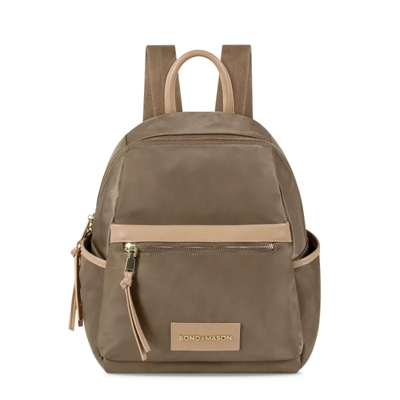 Bond & Mason The Emma Backpack showing vegan leather nylon backpack with zip pockets