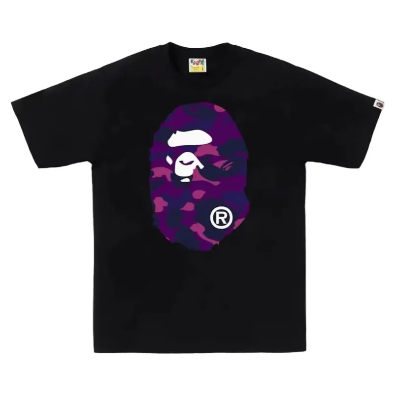 AfewVibe BAPE Color Camo Big Ape Head Tee Black Purple, black short-sleeve tee with purple camouflage Ape Head front and back