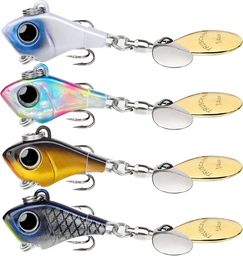 Truscend Fishing Wide Search Cover VIBE Tail Spinner lure with two reversed blades and treble hook