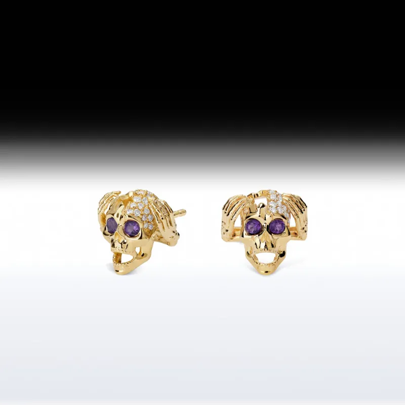Starlandus Mind Blown Skull Memento Mori Skull Birthstone Earring with cracked skull design and customizable birthstones