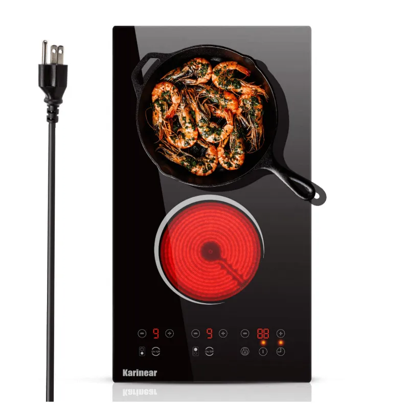 Karinear Appliances 12 Inch Plug in 2 Burner Electric Cooktop With Countertop and Built-in, black glass surface with touch controls