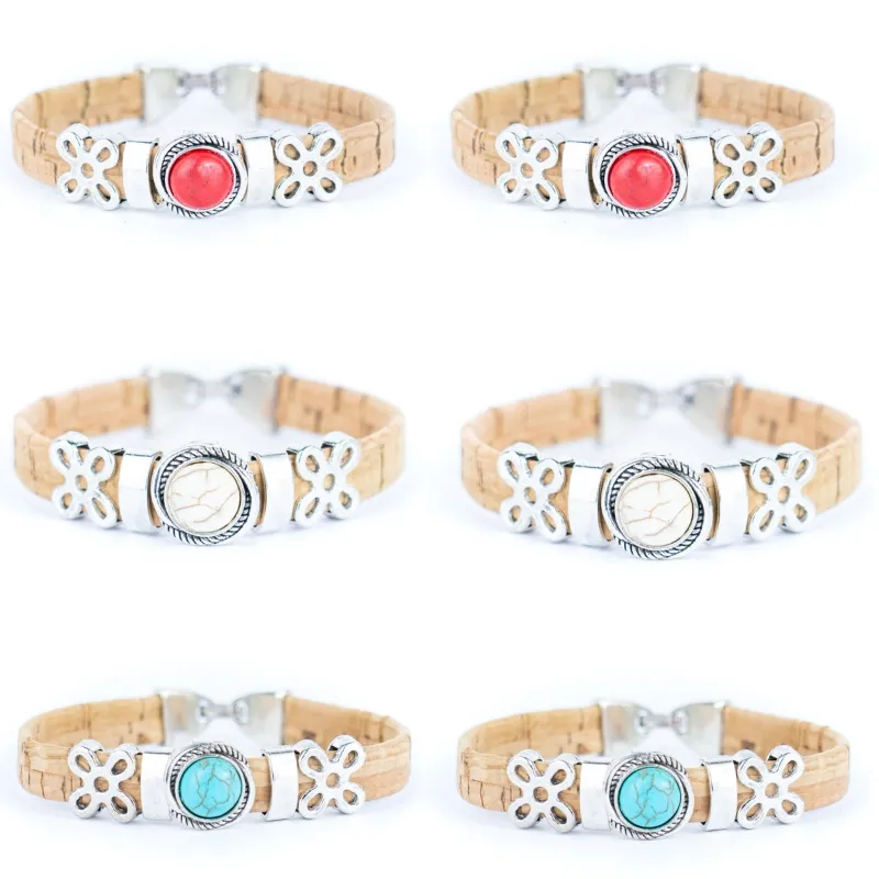 Corkadia 10MM cork bracelet with a round stone centrepiece and alloy flower embellishments