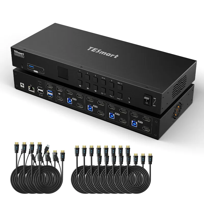 TESmart 4 Port Triple Monitor KVM Switch HDMI 4K60Hz with USB 3.0 Hub, Headset, Audio & Microphone