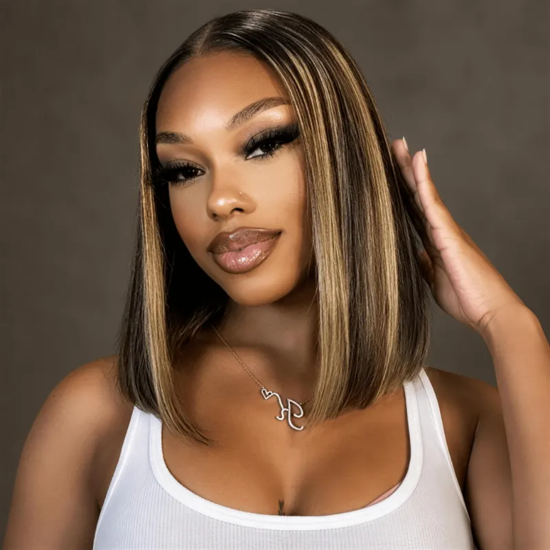 Megalook 13x4 Lace Frontal Invisible Knots Balayage Straight Bob Wigs in balayage highlight on mannequin head