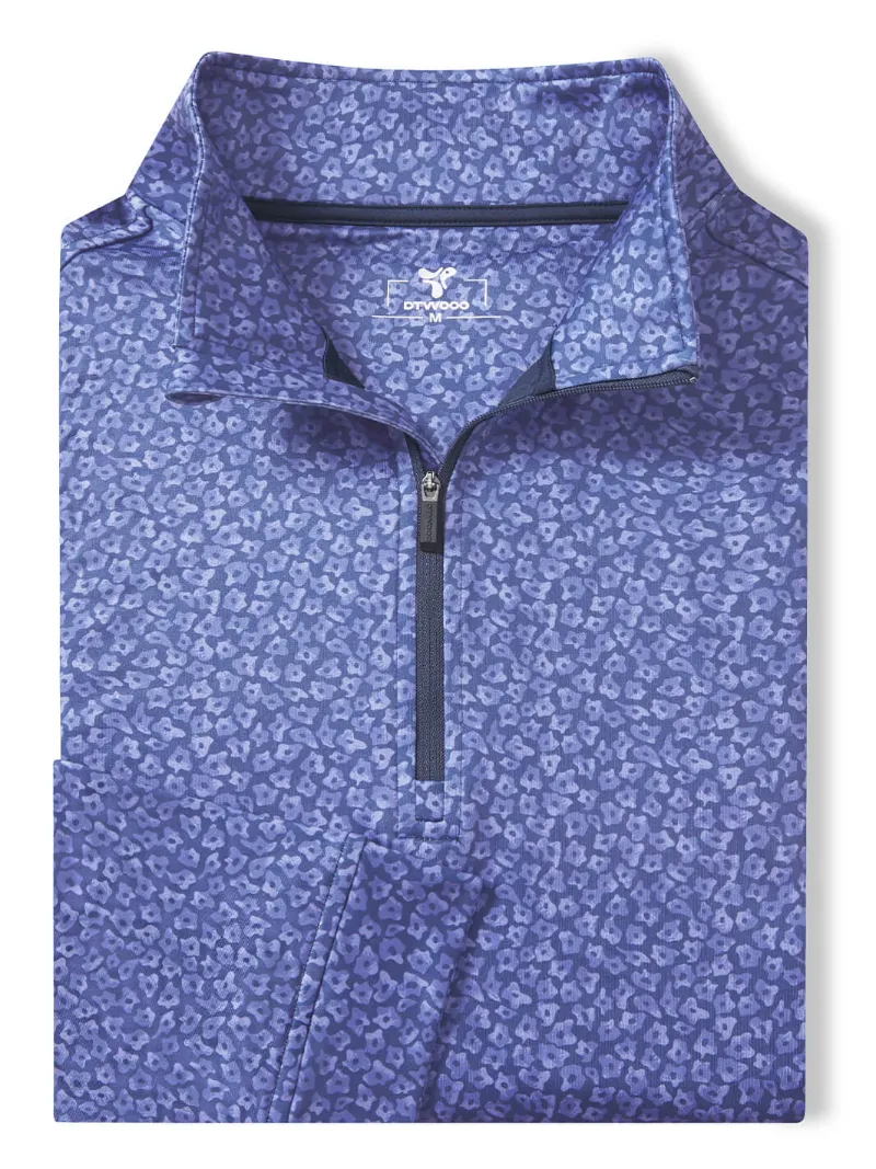 DTWOOO Print Performance Fleece Quarter-Zip in Blue Flower Rain pattern with stand-up collar