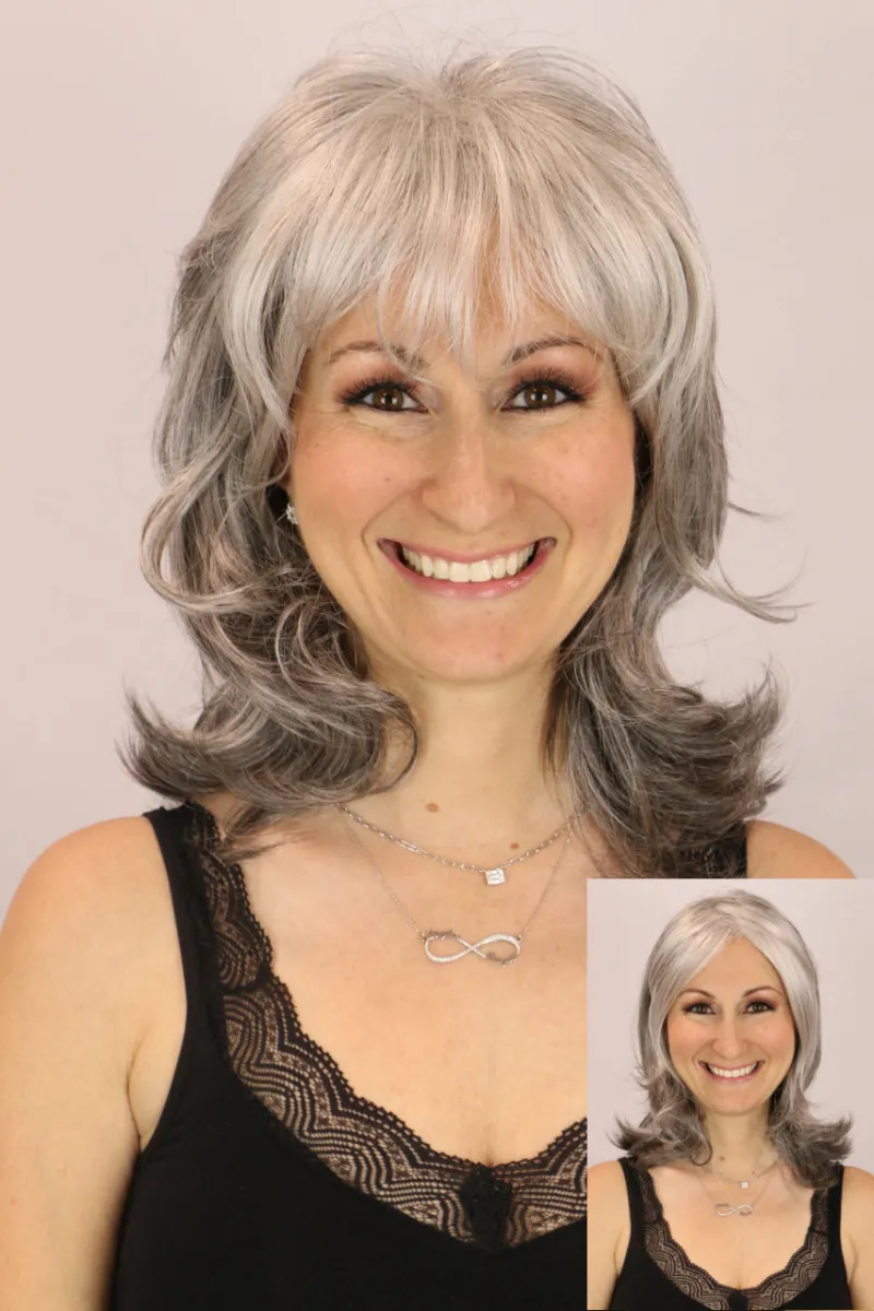 Godiva's Secret Wigs Emma Top, medium-length hair topper with bangs and teased crown