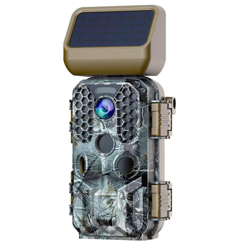 Voopeak T200 solar powered wifi trail camera strapped to a tree