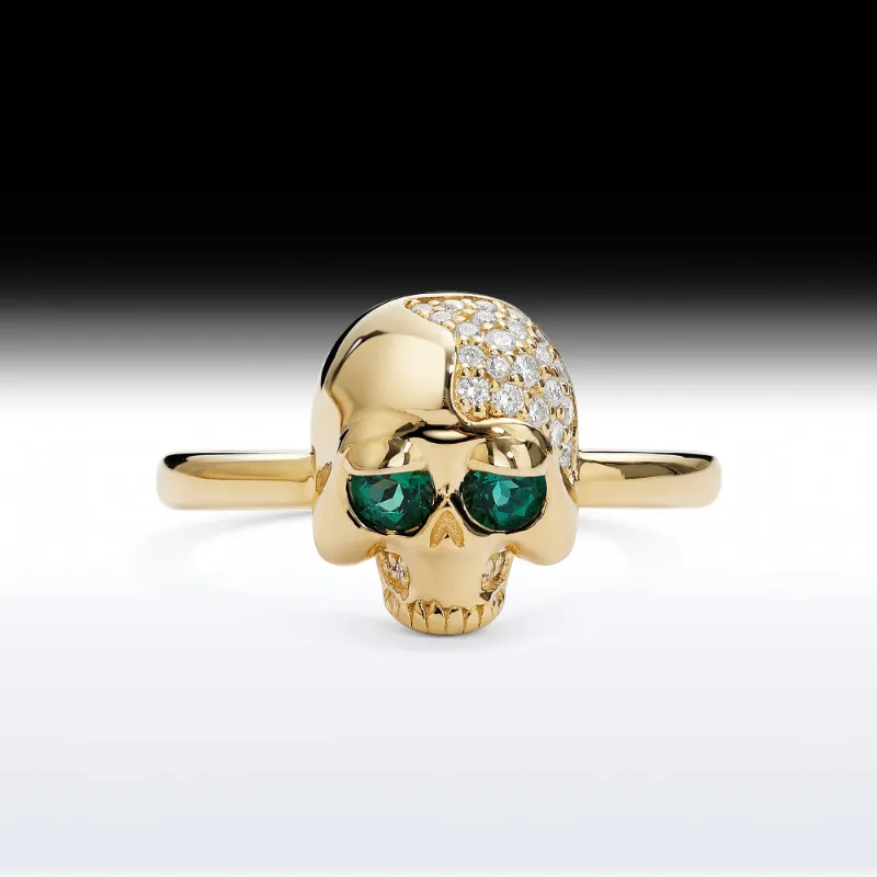 Starlandus Sleepy Skull Memento Mori Skull Birthstone Engagement Ring with relaxed expression and gemstone-set eyes