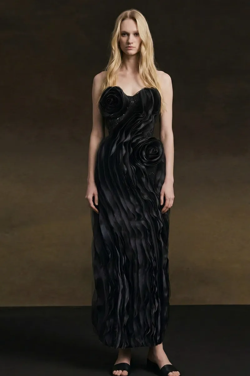 Kalisa Ember Couture Dual Style Bandeau Layered 3D Roses Maxi Dress, black gown with dimensional rose detail and veil