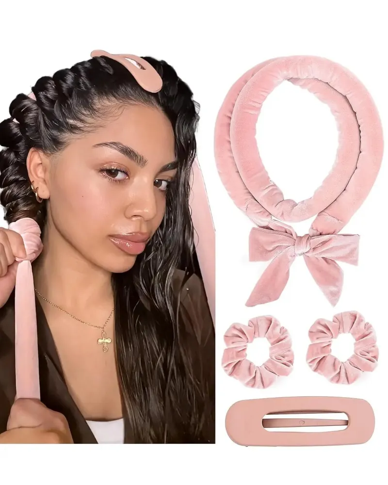 Yanibest Velvet Heatless Hair Curler Band in Blush Pink, laid out to show shape