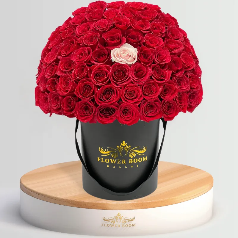 Flower Boom Dallas Anniversary Roses, red rose arrangement with customizable white or pink center