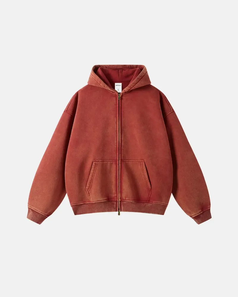 INFLATION Acid Washed Distressed Fleece Zip Up Hoodies in solid color with full zipper