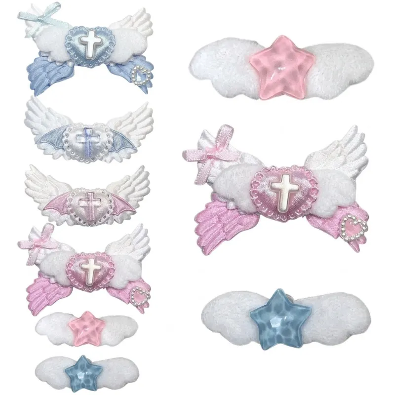 Shoptery Decora Angel Wing Cross Heart & Star Hair Clips Accessories, close-up of winged heart clips on a light background