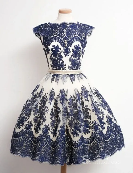 Selinadress A-line Bateau Cap Sleeve Vintage Short Prom Dress Juniors Homecoming Dress MHL068 navy blue lace tulle dress