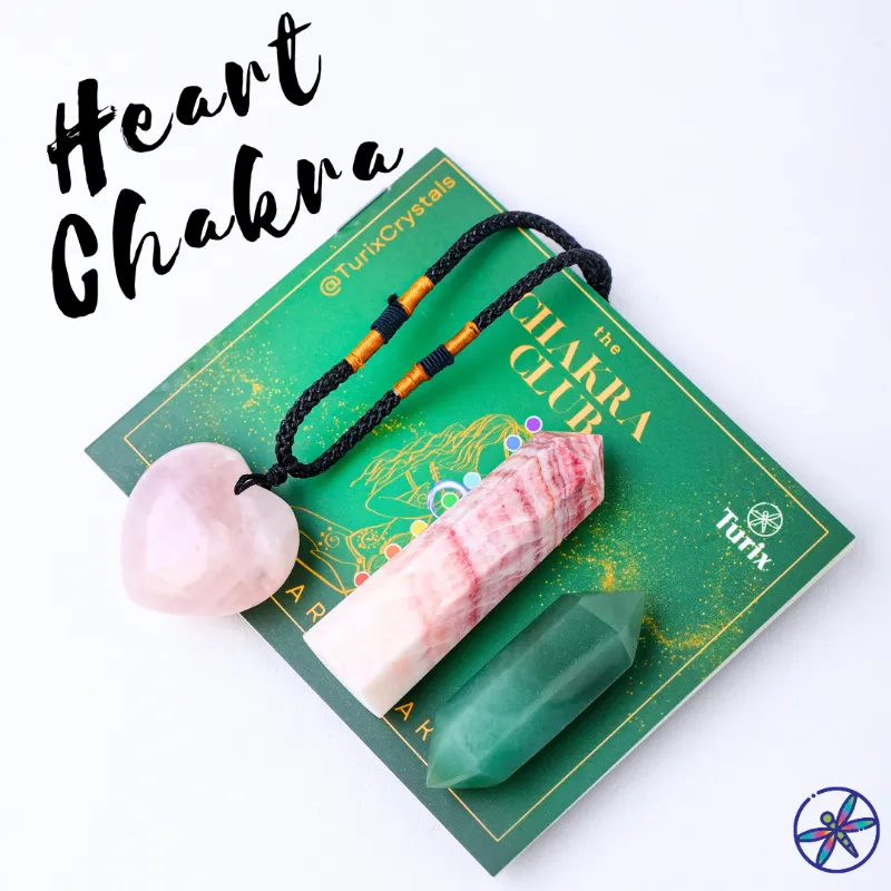 Turix Heart Chakra Crystal Set with Green Aventurine point, Rhodochrosite, and Rose Quartz heart