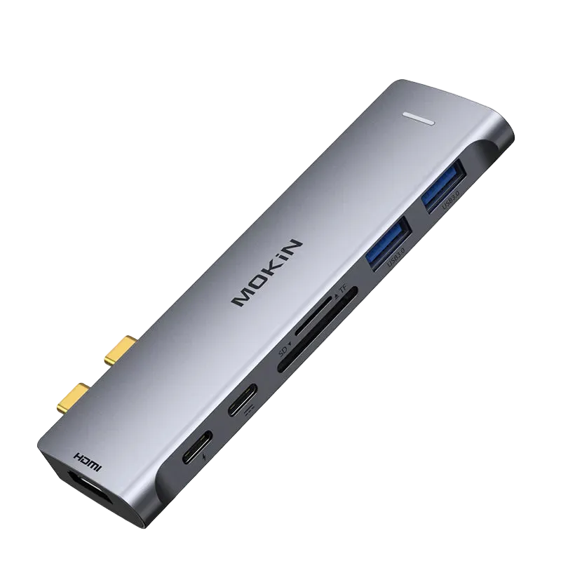 MOKiN 7-in-2 USB-C Adapter for MacBook Pro showing multiple ports on compact hub