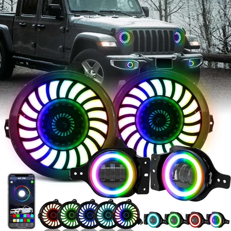 Sunpie 9" Rotating Series 3D LED Lens Halo Headlights + 4" Rotating Series Fog Lights Combo Kit for 2018-2026 Jeep Wrangler JL JLU 4xe & Jee