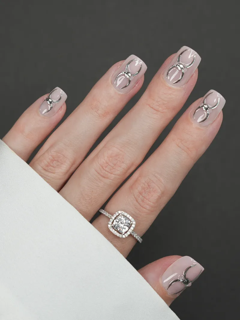 Roxy Nails Paris Black widow press on nails in extra short square with 3D silver spider web design