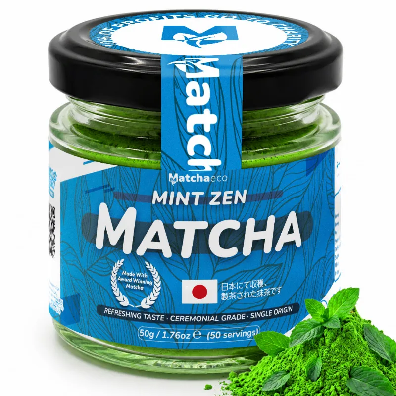 Matchaeco Ceremonial Mint Matcha Green Tea Powder Mint Zen 50g Jar, mint matcha powder in a jar