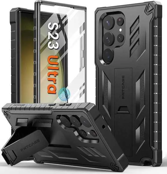 FNTCASE OFFICIAL Galaxy S23 Ultra Military Matte Textured Rugged Shockproof Cover with Built-in Screen Protector and Kickstand