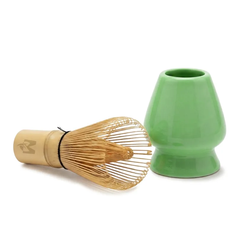 Matchaeco Chasen and Chasen Stand, bamboo matcha whisk on a green ceramic whisk stand