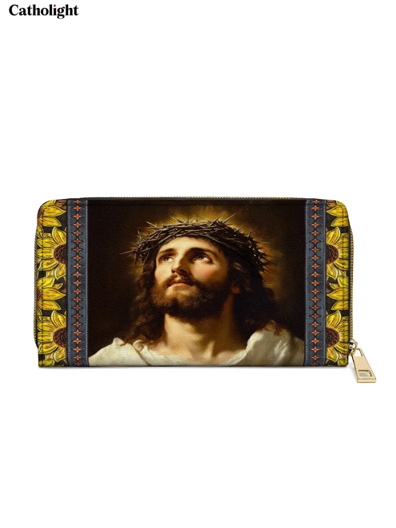 Catholight Crown of Thorns and Sunflower Grace Leather Wallet Purse with Christ portrait