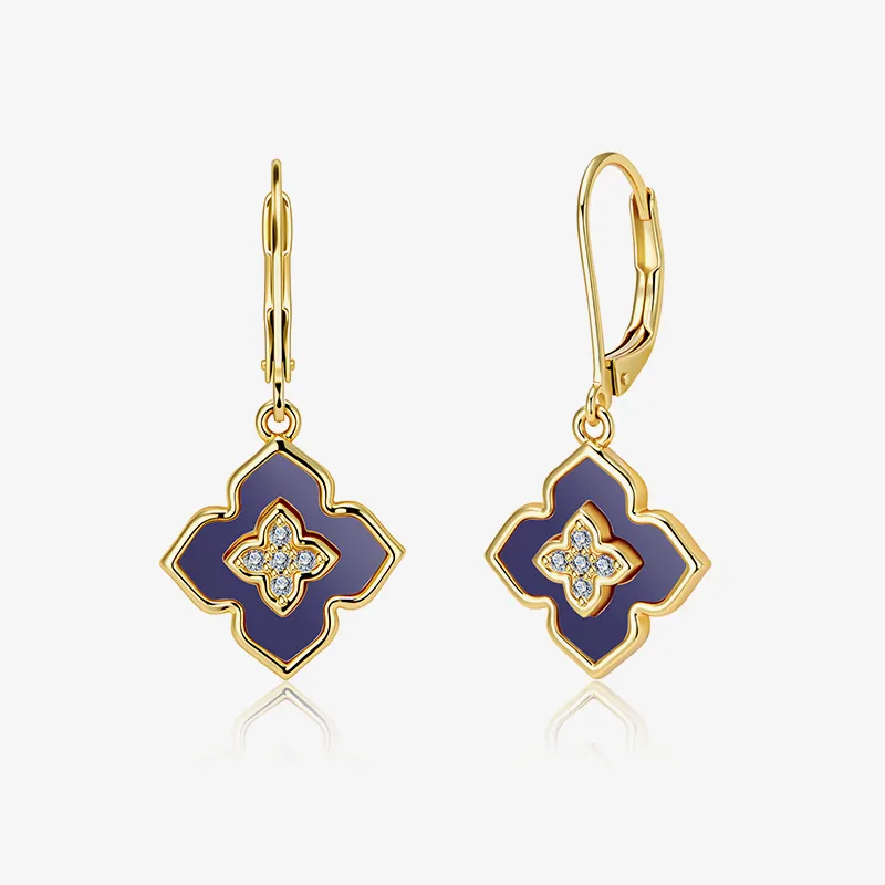 Alexcraft Four-Leaf Clover Drop Earrings with gold-plated finish and natural stone inlay