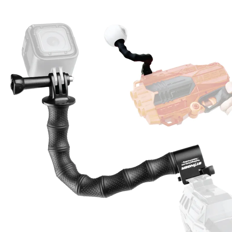 The Stinger Tools Stinger Python Flexible Action Camera Arm Adapter Mount for Nerf Gun, shown on a blaster