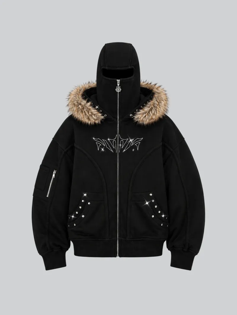 ARNTREAL Fur Phantom Hoodie Black with integrated balaclava and rhinestone detail