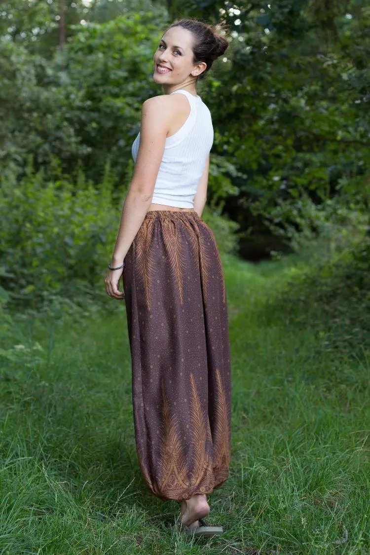 Hippie Pants Brown Feather Pants with peacock feather pattern on legs