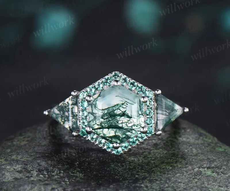 WillWork Jewelry 2ct hexagon moss agate engagement ring with emerald trillion accent