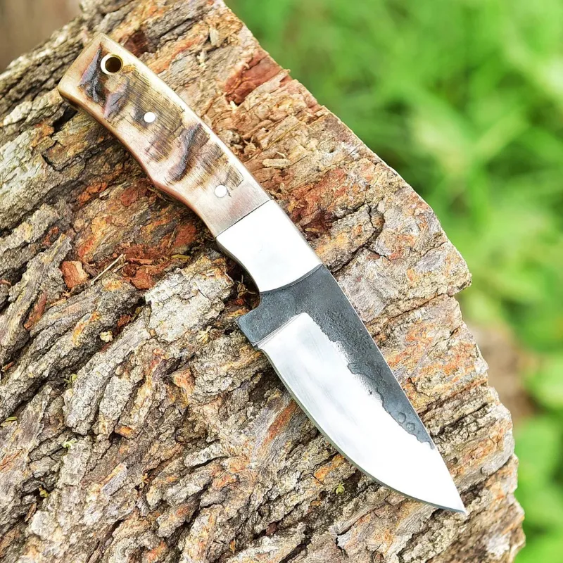 MyHackerTech custom handmade 1095 forged steel skinning knife with sheep horn handle and leather sheath